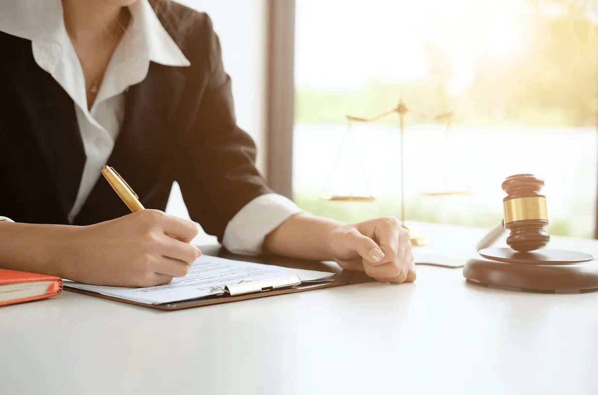 A female divorce lawyer for women sitting at her desk looking over legal documents for a high asset divorce and child custody case.