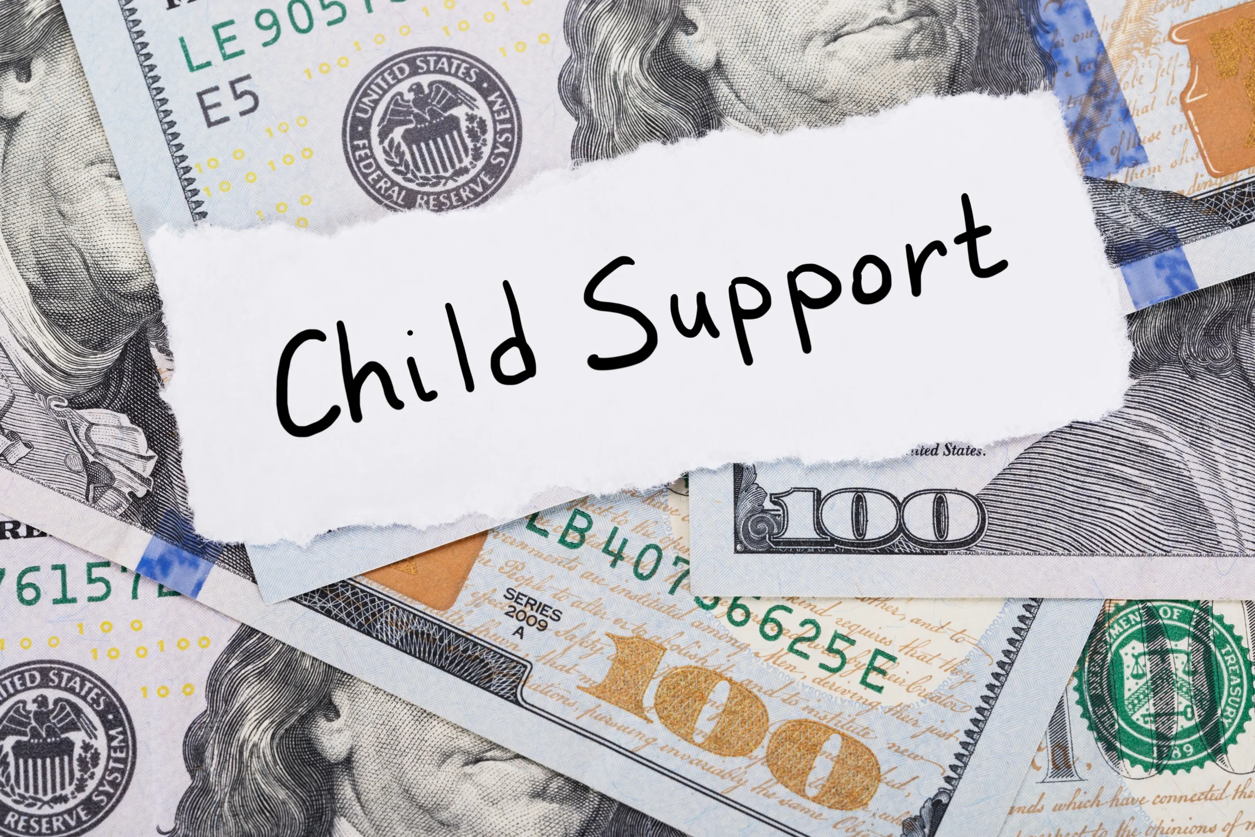 Child support written on a piece of paper on top of money.