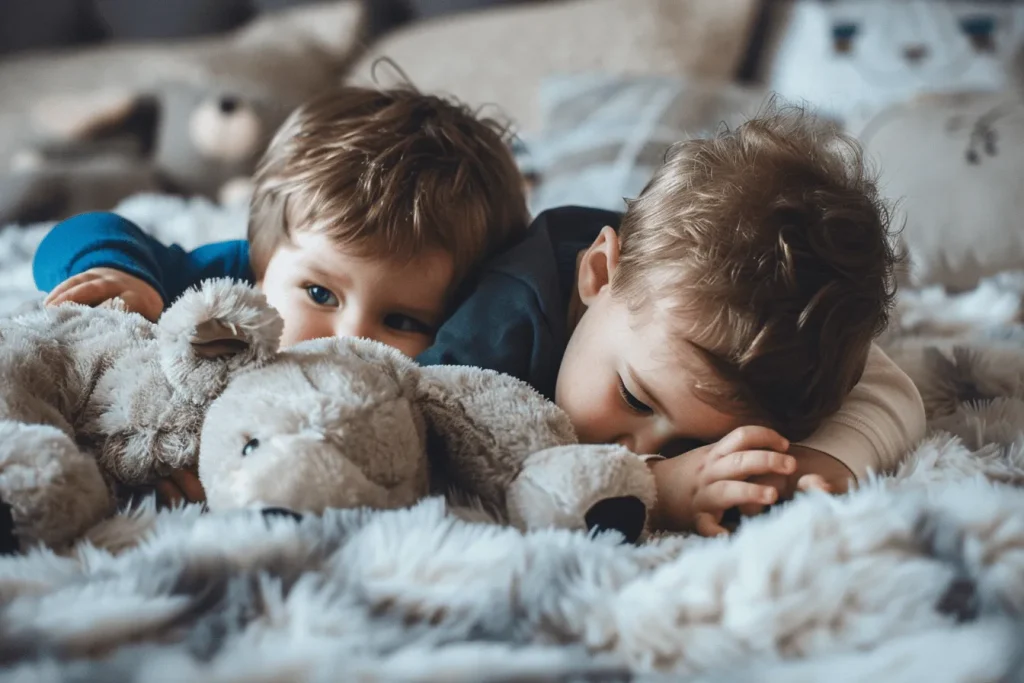 Two young boys cuddling stuffed animals.
